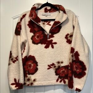 LOFT Cream and Burgundy Floral Teddy Jacket